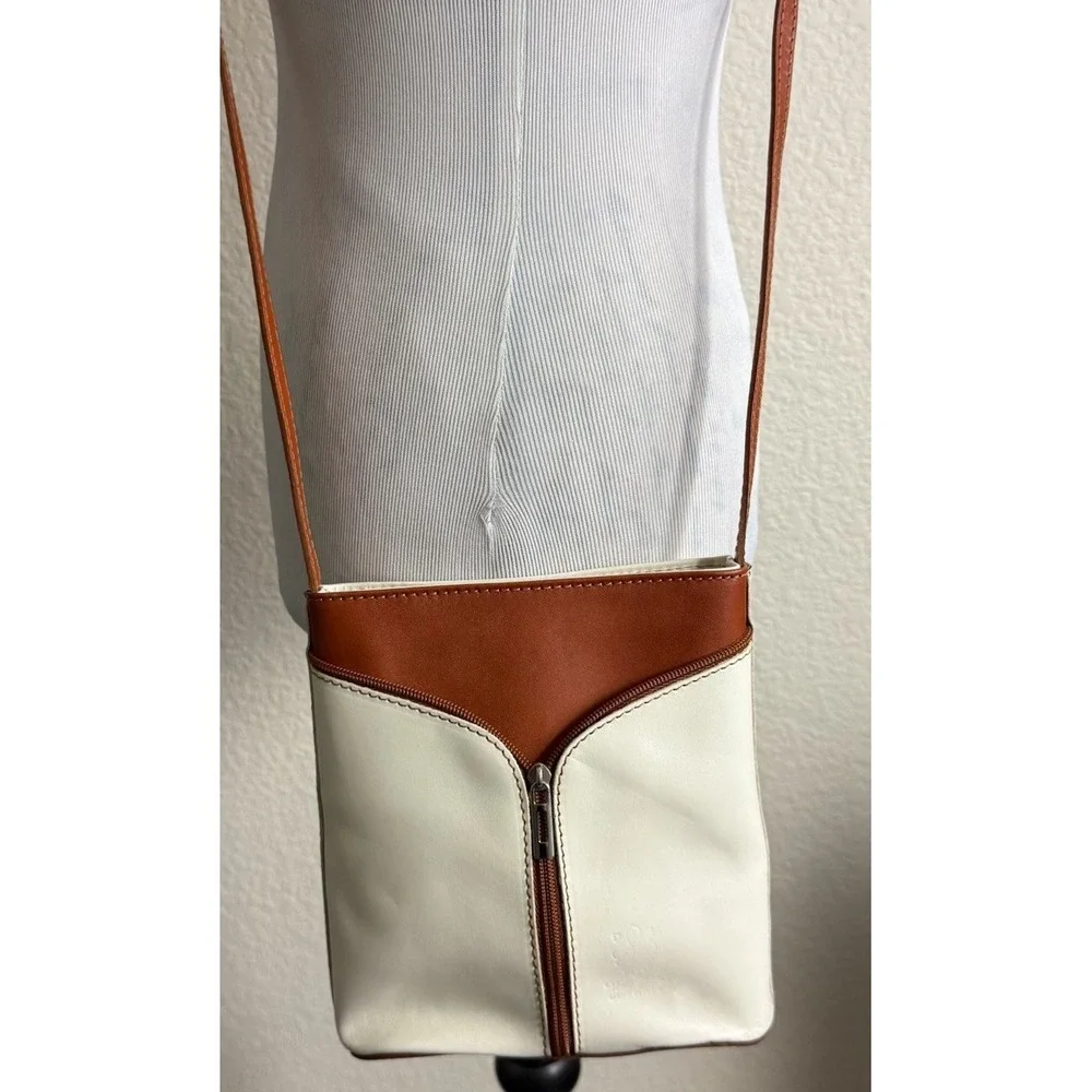 Vera Pelle Crossbody Bag Small Cognac Brown Ivory Leather Italian Made Used Once